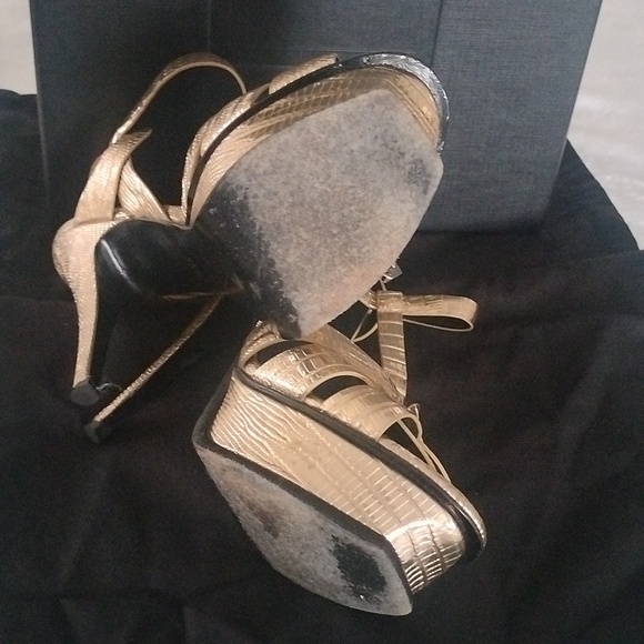 YSL metallic Gold Lizard Embossed Leather Tribute Ankle Strap Platform heels - Picture 7 of 16